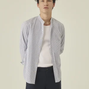 Chemise Col Mao Seersucker Mao Seersucker  -  Bleu Ciel Rayé