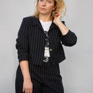 Blouson crop oversize "Groom" en tissage "Soprano d'été" noir rayé blanc