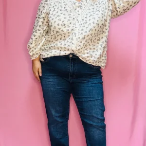 Blouse Berthe- grande taille manche longue liberty beige et bleu