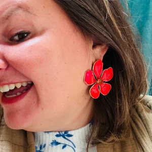 Boucle d'oreille doré Florence : fleur orange en acier inoxydable