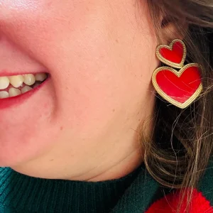Boucles d'oreille aimée - double coeur rouge te doré acier inoxydable
