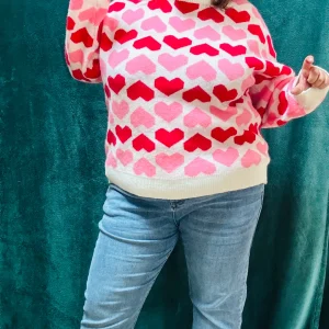 Pull amoré - grande taille coeur rouge et rose col rond