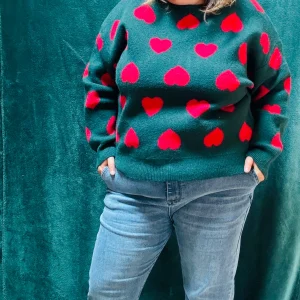 Pull Lovely - grande taille vert sapin motifs coeur rouge col rond