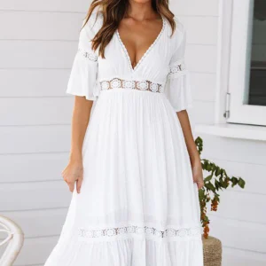 Robe Blanche Bohème Mi Longue - Azélie