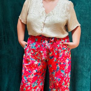 Top Ibiza- grande taille doré irrisé décolleté vague manche courte