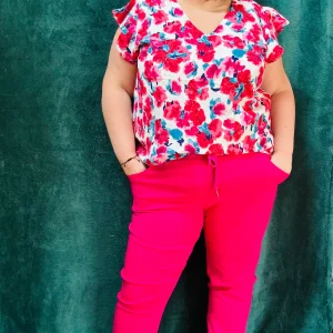 Top Suzane - grande taille motif fleuris rose et blanc