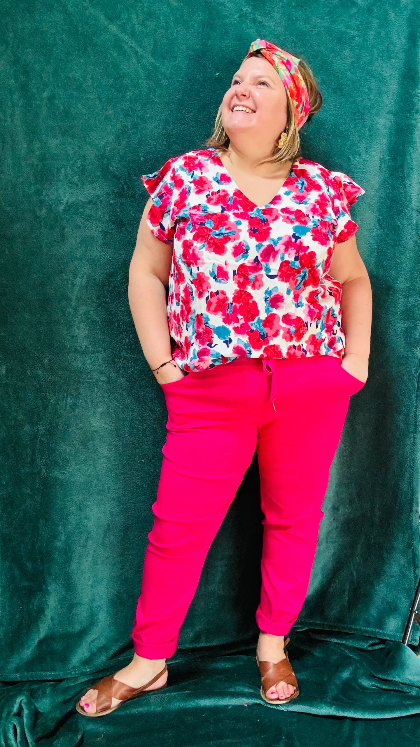 Top Suzane - grande taille motif fleuris rose et blanc