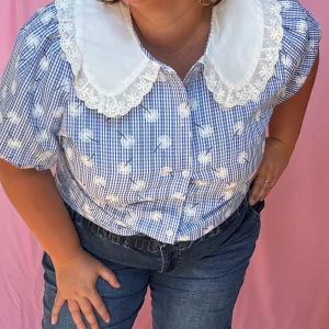 Blouse Lucia - grande taille col claudine motifs bleu ey blanc