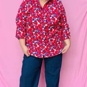 Blouse Coco - grande taille fleurie rouge blanche et bleu roi